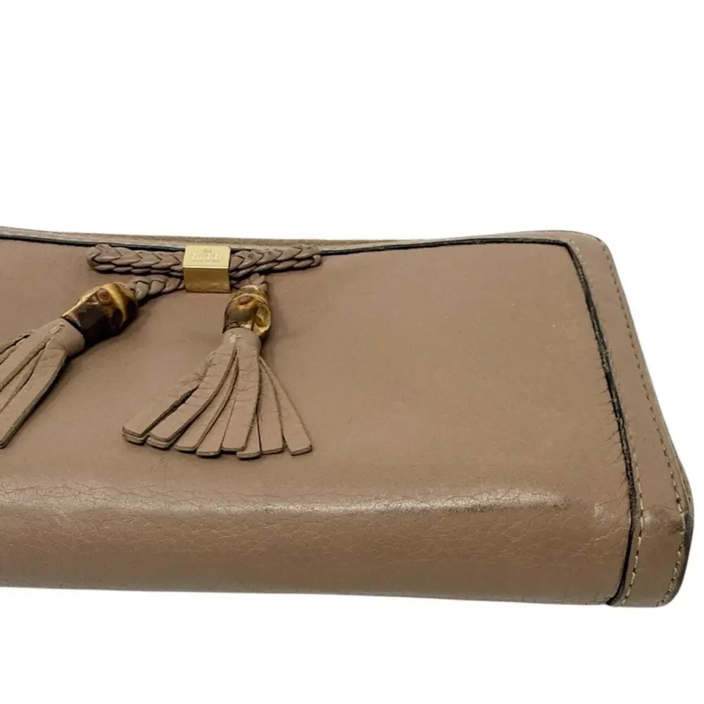 Gucci Leather Bamboo Tassel Bow Zip Brown Taupe Beige Continental Wallet